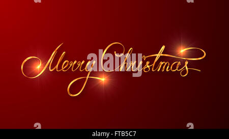 Gold Text Design Of Merry Christmas On Red Color Background. 3D Scene. Stock Photo