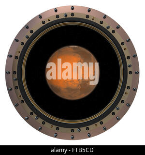 Red Planet In The Spacecraft Porthole. 3D Scene. Stock Photo