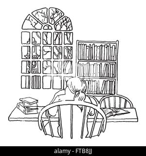 A student studying in a library line illustration Stock Vector
