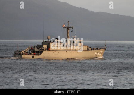 BNS Crocus (M917), a Flower-class (Tripartite) minehunter of the Belgian Navy, arrives for the start of Joint Warrior 14-2. Stock Photo