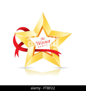 Gold Star frame the winner with ribbon. Vector illustration. Stock Photo