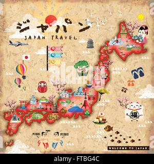 Japan travel map with famous attractions - Japan in Japanese Stock Vector