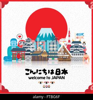 attractive Japan travel poster with sun - Hello Japan in Japanese Stock Vector