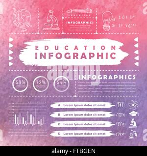 watercolor background education infographic in pink and purple Stock Vector