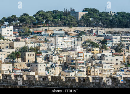 apartment houses on the hills of Silwan neighborhood on the outskirts of the Old City of Jerusalem, Israel. View with House of A Stock Photo