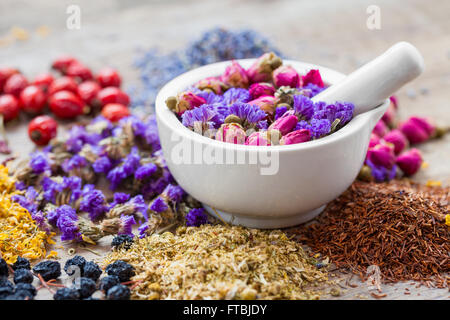 Mortar of healing herbs, herbal tea assortment and dry berries on table. Herbal medicine. Stock Photo