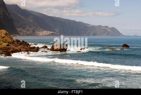 the northern coastline of madeira island of portial from sao vincence with Porto Moniz in the background Stock Photo