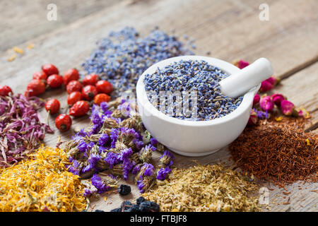 Mortar of dry lavender, healing herbs, herbal tea assortment and healthy berries on table. Herbal medicine. Stock Photo