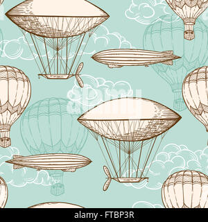 Hand drawn vintage seamless pattern with air balloons flying in the sky Stock Photo