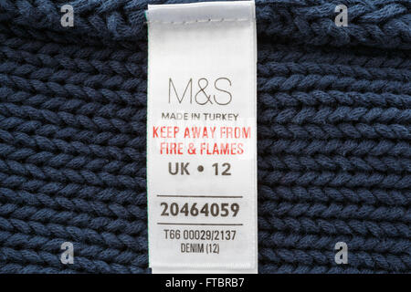 Marks and Spencer clothing label on a women's garment made in Turkey. England, UK, Britain Stock Photo