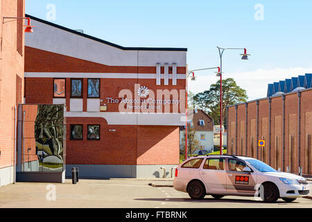 Ahus, Sweden - March 20, 2016: Architectural detail of the Absolut Company factory, the place where Absolut Vodka is made. Red b Stock Photo