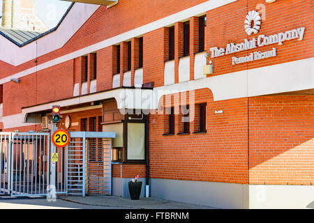 Ahus, Sweden - March 20, 2016: Architectural detail of the Absolut Company factory, the place where Absolut Vodka is made. Red b Stock Photo