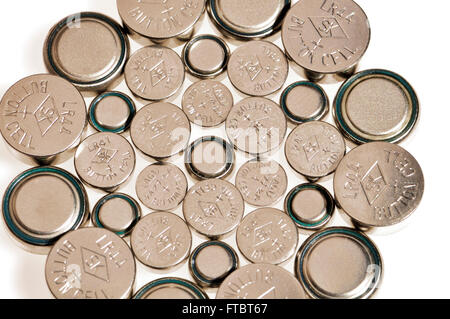 Button cell batteries for electronic devices - various sizes Stock Photo