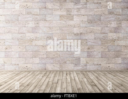 Interior background of room with stone tiles wall and wooden floor 3d render Stock Photo