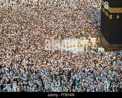 Thousands of Muslim hajj pilgrims circle the Holy Kaaba in the Al-Masjid al Haram in Mecca, al-Hejaz, Saudi Arabia. The kabah is most sacred Muslim site in the world. Stock Photo