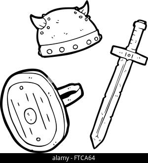 freehand drawn black and white cartoon medieval warrior objects Stock Vector