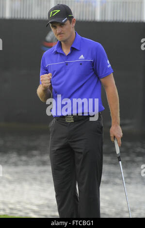 Doral, Fla, USA. 11th Mar, 2012. Justin Rose celebrates winning the World Golf Championship Cadillac Championship on the TPC Blue Monster Course at Doral Golf Resort And Spa on March 11, 2012 in Doral, Fla. ZUMA PRESS/ Scott A. Miller. © Scott A. Miller/ZUMA Wire/Alamy Live News Stock Photo
