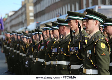 Dublin, Ireland. 27th March, 2016. Members of the Irish defence forces lined up at Saint Stephens Green in Dublin, Ireland at the start of the Easter parade held in honour of the 1916 Rising Credit:  reallifephotos/Alamy Live News Stock Photo
