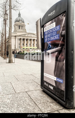 Controversial anti begging adverts by Nottingham City Council (Labour) in conjunction with Nottinghamshire Police. Nottingham, England. On 26th March 2016. Stock Photo