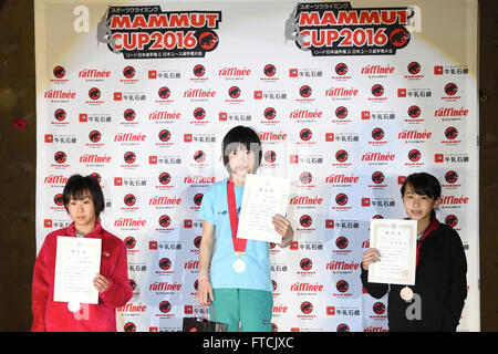 (L-R) Natsuki Tanii, Ai Mori, Momoko Abe,  MARCH 27, 2016 - Sports Climbing : Mammut Cup Japan Climbing Lead Championships  Womens Youth C Award ceremony in Inzai city, Chiba, Japan. (Photo by AFLO SPORT) Stock Photo