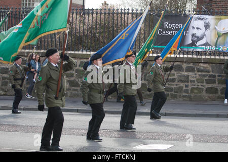 Falls Road, Belfast,UK 27th March 2016 Members of the D-Company marching band With Flags at the Easter Rising 100th Anniversary  Parade Credit:  Bonzo/Alamy Live News Stock Photo