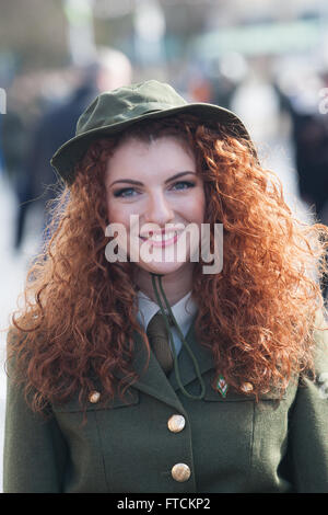 Falls Road, Belfast,UK 27th March 2016 Connlaith Pickering from Belfast dressed in Irish Rebellion Army fatigues at the Easter Rising 100th Anniversary  Parade Stock Photo