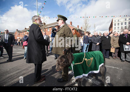 Falls Road, Belfast,UK 27th March 2016 President of Sinn Fein Gerry Adams(L) at the Easter Rising 100th Anniversary Parade Credit:  Bonzo/Alamy Live News Stock Photo