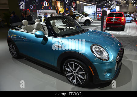 March 23, 2016 - Manhattan, New York, United States - A blue MINI John Cooper Works Convertible makes its world premiere at the New York International Auto Show 2016, at the Jacob Javits Center. This was Press Preview Day one of NYIAS, and the Trade Show will be open to the public for ten days, March 25th through April 3rd. (Credit Image: © Ann Parry via ZUMA Wire) Stock Photo