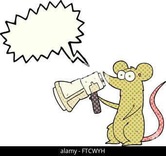 freehand drawn comic book speech bubble cartoon mouse with megaphone Stock Vector