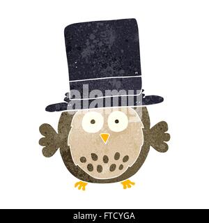cartoon owl wearing top hat with speech bubble in retro texture style ...