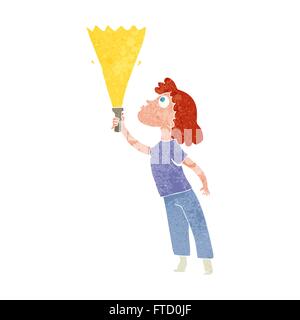 freehand retro cartoon woman searching with torch Stock Vector