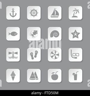 [EPS10] gray flat beach and summer icon set on rounded rectangle button for web, UI, infographic and mobile apps Stock Vector
