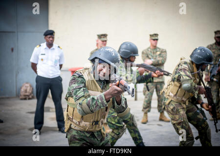 150304-N-JP249-027 LUANDA, Angola (March 4, 2015) A member of the Angolan military demonstrates close quarter battle techniques for a group of U.S. Marines, embarked aboard the Military Sealift Command’s joint high-speed vessel USNS Spearhead (JHSV 1) as part of Africa Partnership Station, March 4, 2015. Spearhead is on a scheduled deployment to the U.S. 6th Fleet area of operations in support of the international collaborative capacity-building program Africa Partnership Station. (U.S. Navy photo by Mass Communication Specialist 2nd Class Kenan O’Connor/Released) Stock Photo