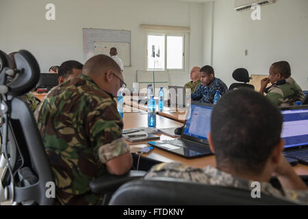 160130-N-TC720-154 PORT VICTORIA, Seychelles (Jan.30, 2016) Maritime forces from Kenya, Mauritius, Seychelles, and the U.S. conduct planning for the at sea phases of Cutlass Express 2016 Jan. 30. Cutlass Express is a U.S. Africa Command-sponsored multinational maritime exercise designed to increase maritime safety and security in the waters off East Africa, western Indian Ocean, and in the Gulf of Aden. (U.S. Navy photo by Mass Communication Specialist 2nd Class Mat Murch/Released) Stock Photo