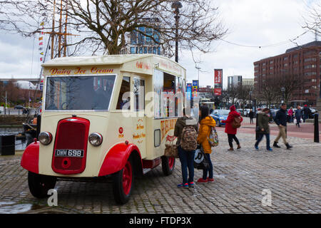 1938 30s 2237cc Heritage Commer Ice Cream van, classic cars, cherished veteran, restored old timer, collectible motors, vintage heritage, old preserved, collectables at the Albert Dock in Liverpool. Merseyside, UK Stock Photo