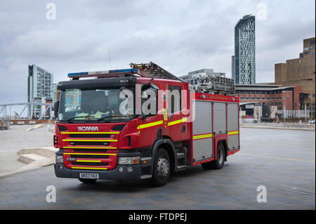 Scania Merseyside Fire & Rescue, stationery emergency vehicle, rescue firefighter, safety, engine, red fire truck, transportation, equipment, transport, fireman, danger, department, service, firetruck, in Liverpool,  UK Stock Photo