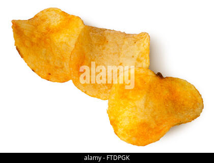 Three pieces of potato chips in a row isolated on white background Stock Photo