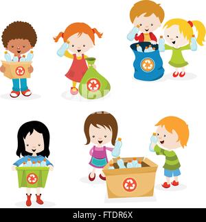 Kids Collecting Bottles For Recycle Stock Vector