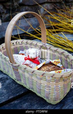 Sainted Easter lamb cake and bread in a basket Stock Photo