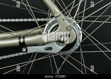 Break arm on rear wheel hub of a champagne colored bicycle with a stainless chain Stock Photo