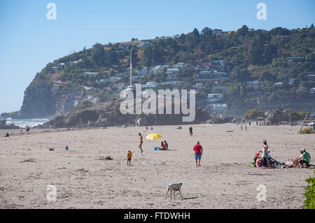 Sumner Beach showing Cave Rock and Scarborough headland, Sumner, Christchurch, Canterbury Region, New Zealand Stock Photo