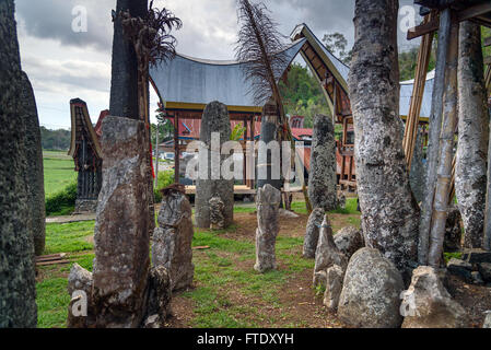 Ceremony site with megaliths. Bori Kalimbuang or Bori Parinding. It is a combination of ceremonial grounds and burials. Tana Tor Stock Photo