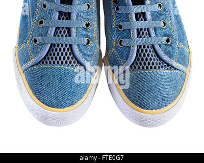 gumshoes of blue fabric isolated on white background Stock Photo
