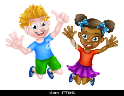 Happy cartoon young girl and boy, one black and one white, jumping for joy Stock Photo