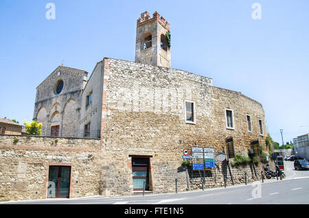 Asciano, Siena Sant Agata Church bell tower from the street village Stock Photo