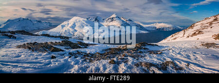 Panoramic view towards Store Blamann and the open ocean from Rodtinden, Kvaloya, Troms, Northern Norway Stock Photo