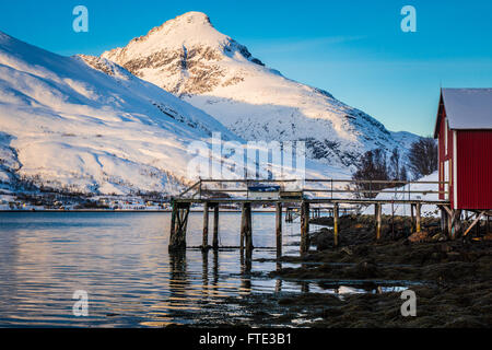 Snowy winter landscape in Kaldfjord, Kvaløya, Norway Stock Photo