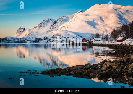 Snowy winter landscape in Kaldfjord, Kvaløya, Norway Stock Photo