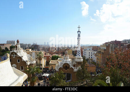 Barcelona, Spain - December 28, 2015: View over city from the Square Park Guell Barcelona, Catalunya, Spain Stock Photo