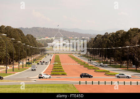 Anzac Parade from the Australian War Memorial towards the Old Parliament House ( white building and the Parliament of Australia Stock Photo